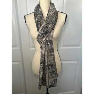 Vintage Rome‎ Print Silk Scarf Lightweight Elegant Neutral Beige Navy Blue